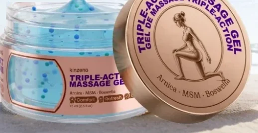 Kinzeno Triple-Action Massage Gel, an open 75 ml jar of blue gel with its copper-colored lid beside it